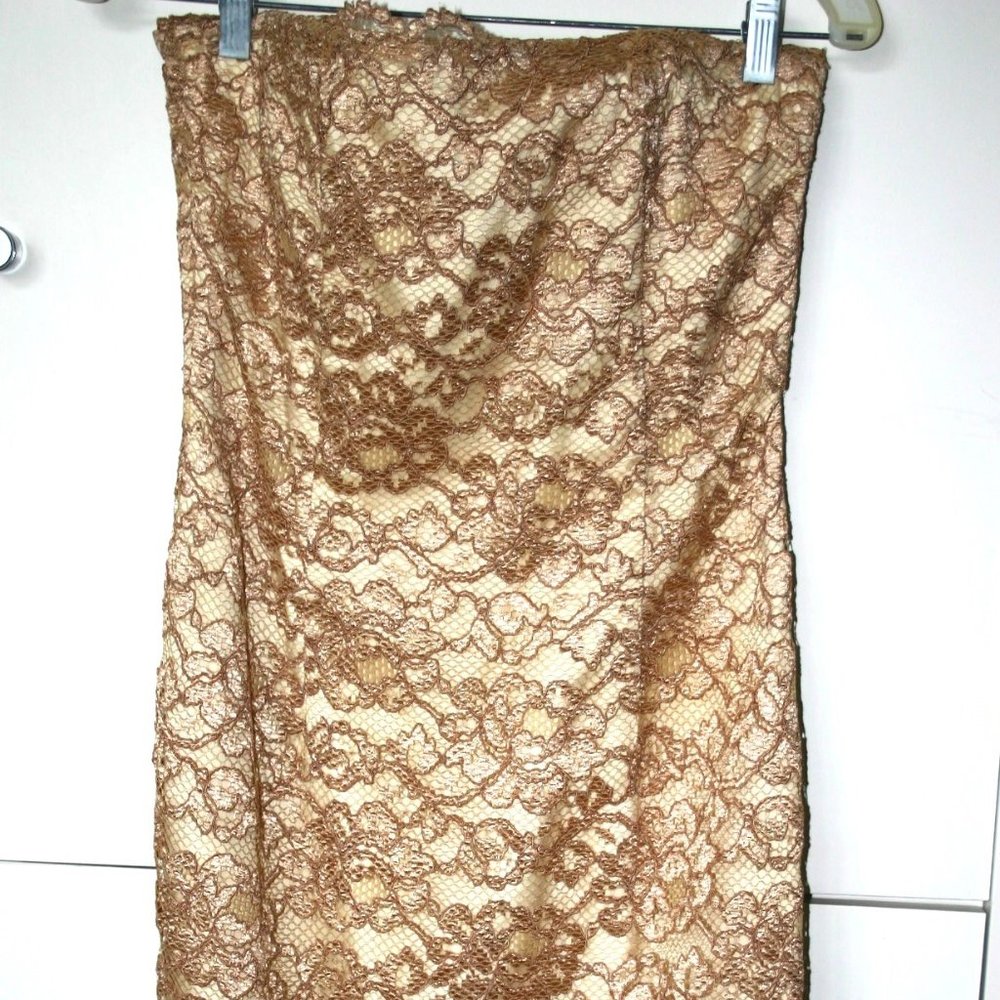 ANN TAYLOR Strapless Gold Lace Sheath Dress Over Ivory Satin Lining Size 8 USA
